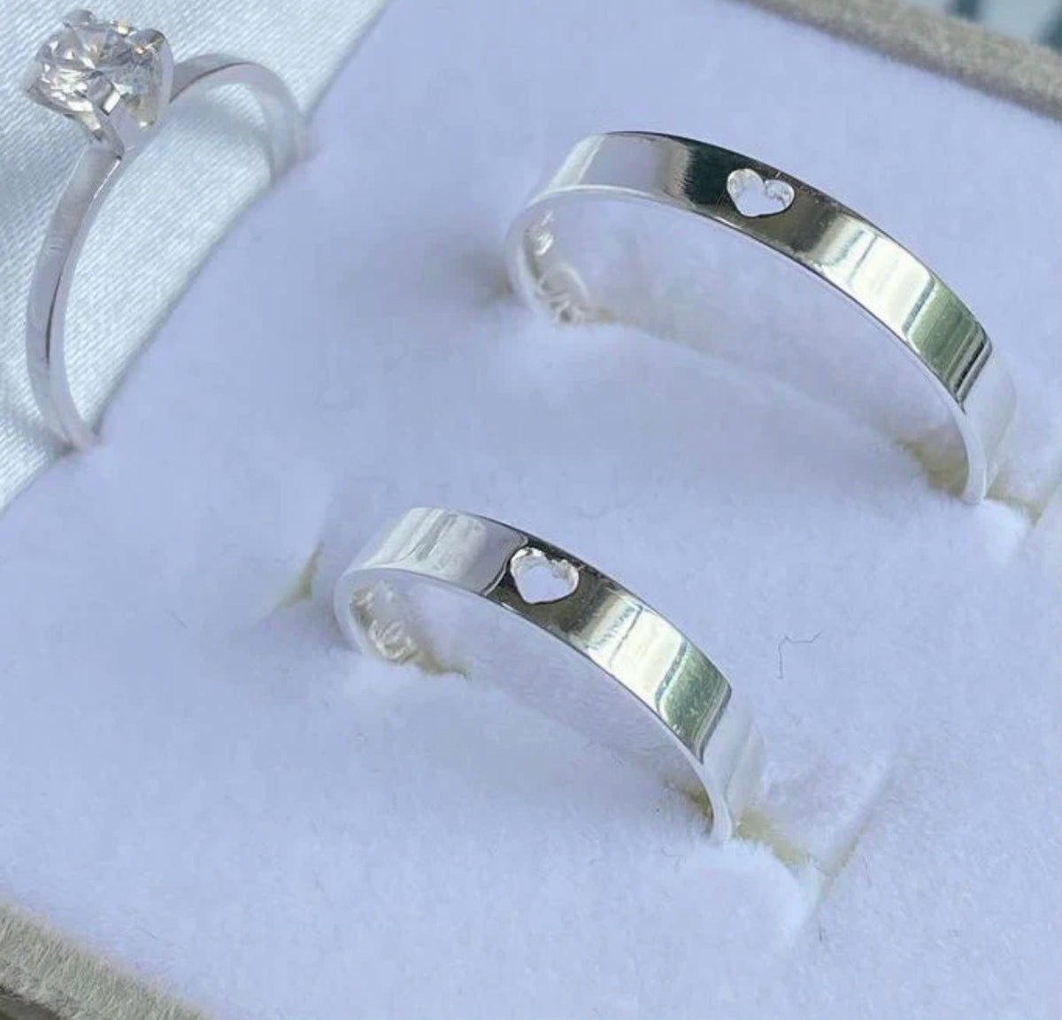 Alianças De Namoro Coração Vazado 3 MM + Anel Solitário Prata 925