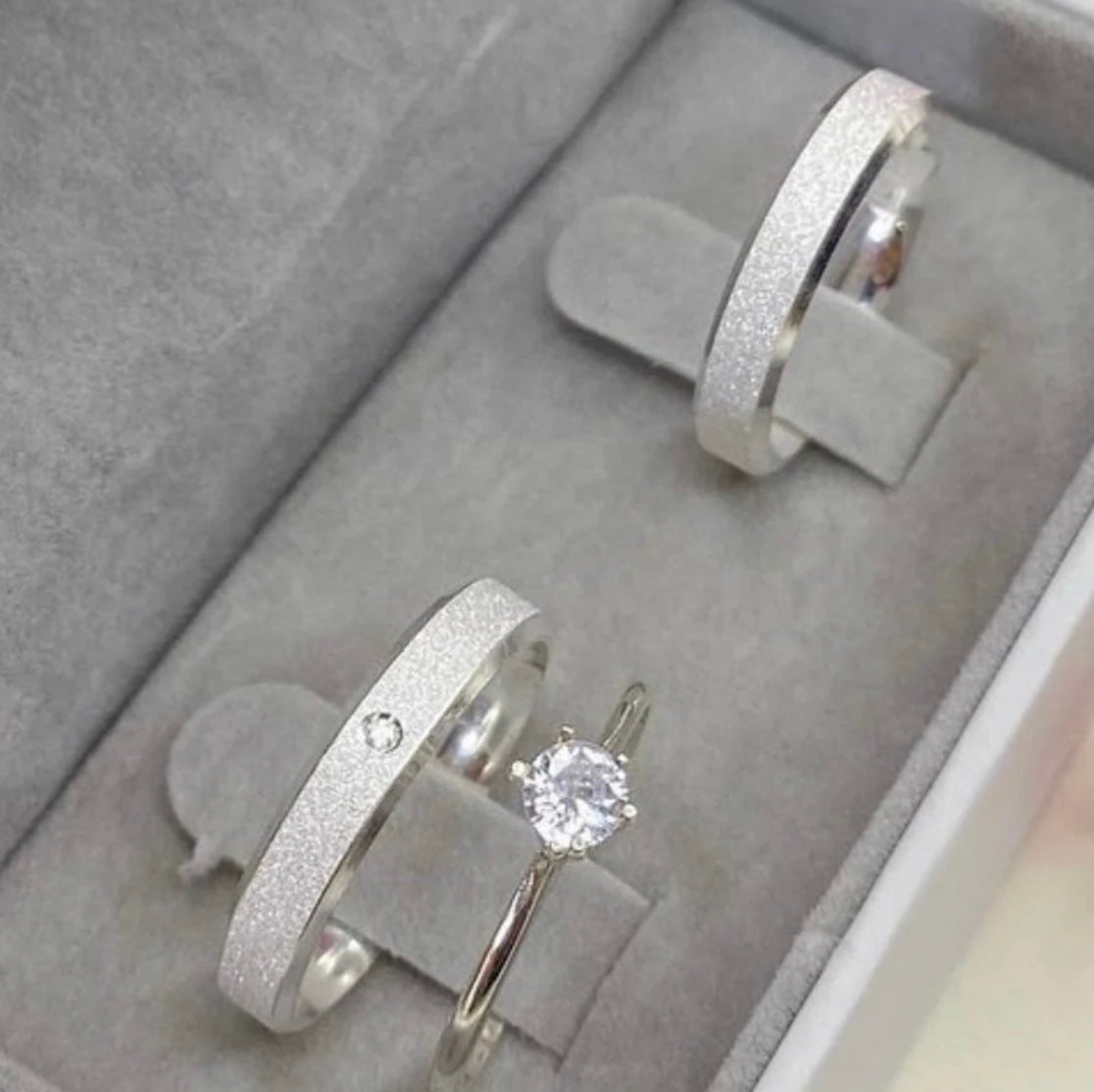Alianças De Namoro Quinada Diamantada 4 MM + Anel Solitário Prata 925