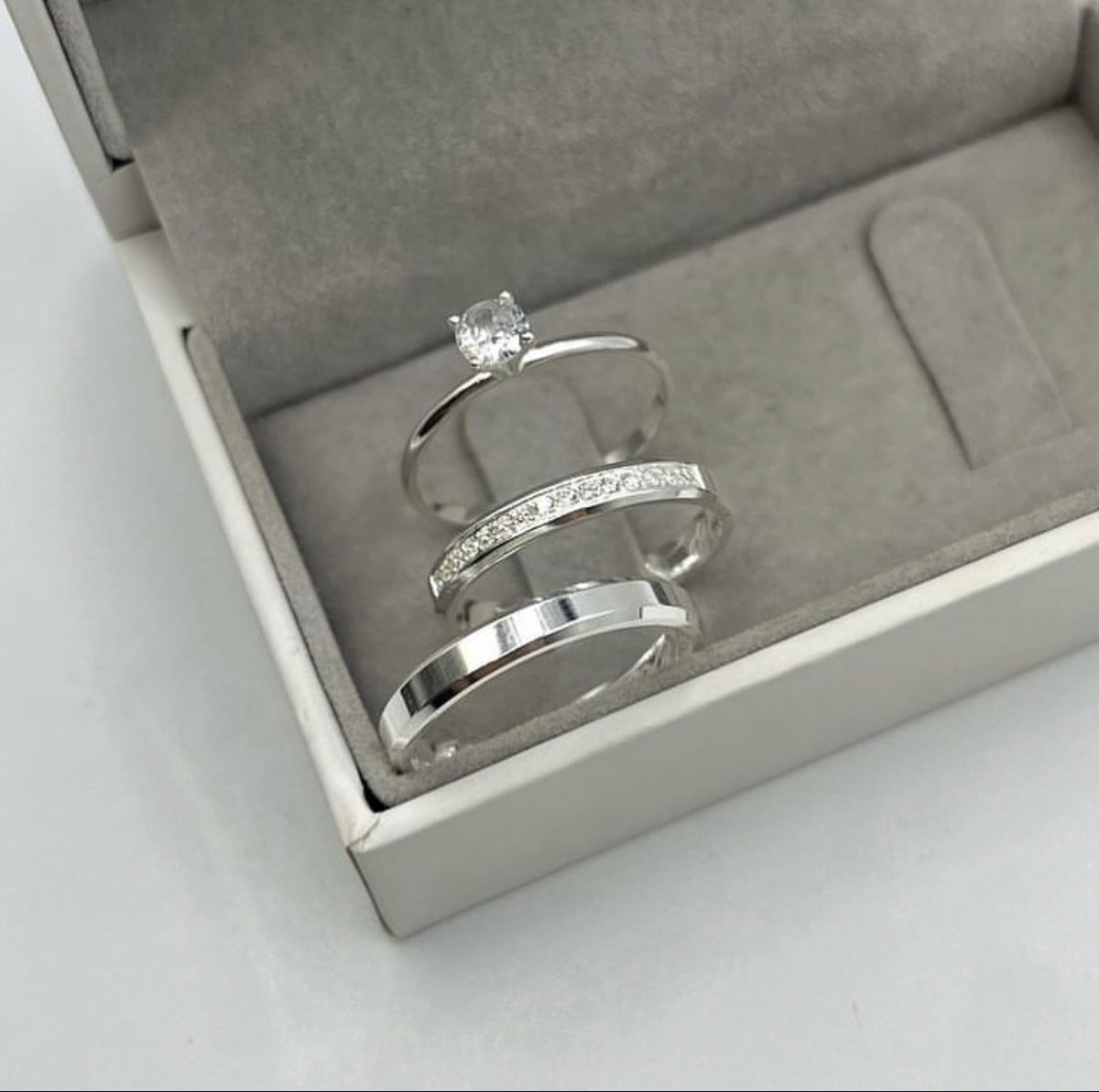 Alianças De Namoro Chanfrada Cravejada 4 MM + Anel Solitário Prata 925