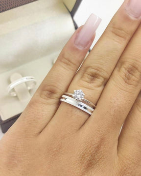 Alianças De Namoro Diamantada Com Friso 3 MM + Anel Solitário Prata 925