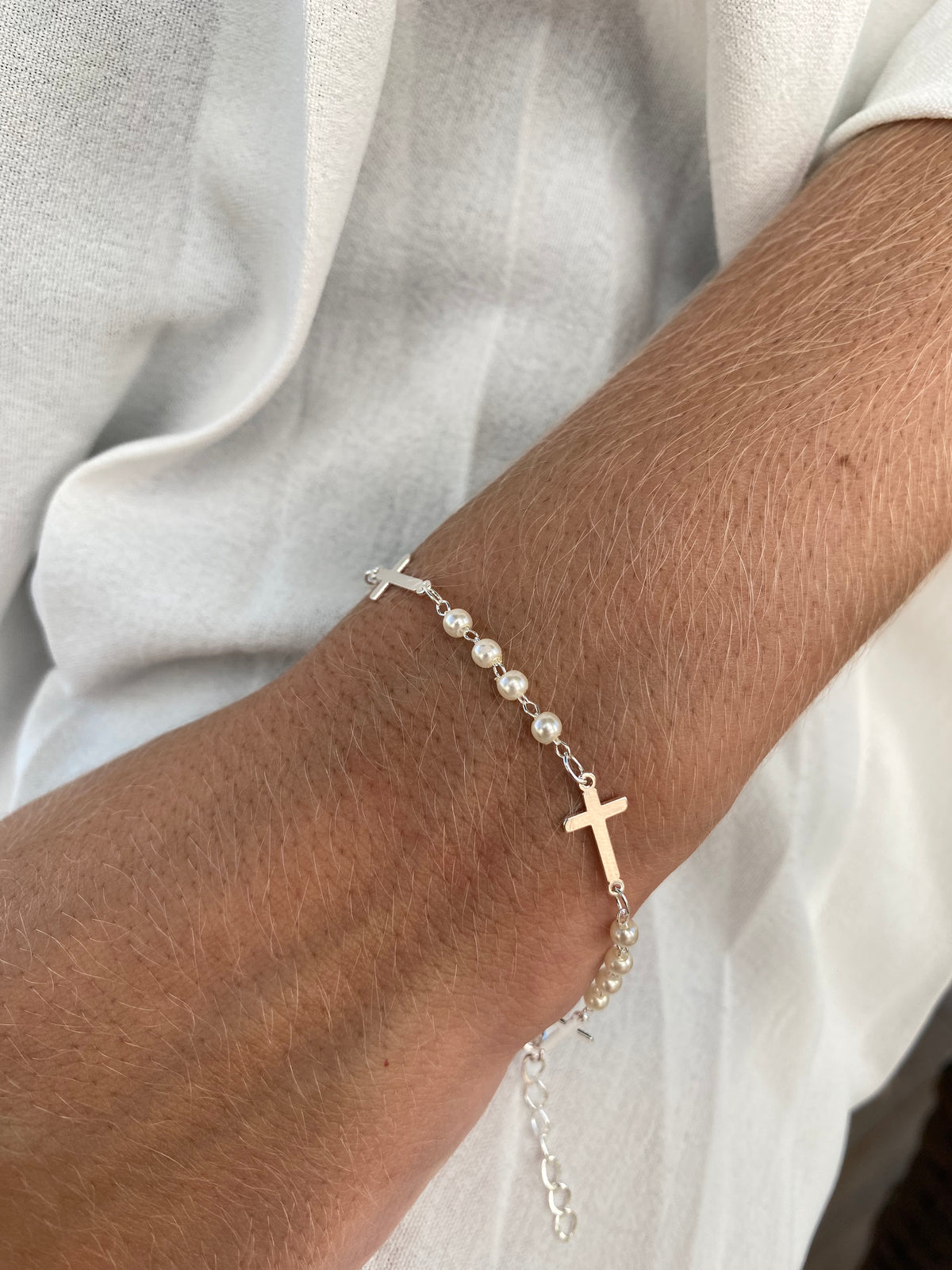 Pulseira Perola e Cruz Prata 50